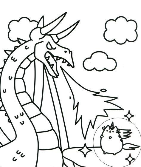 Pusheen and the dragon coloring page